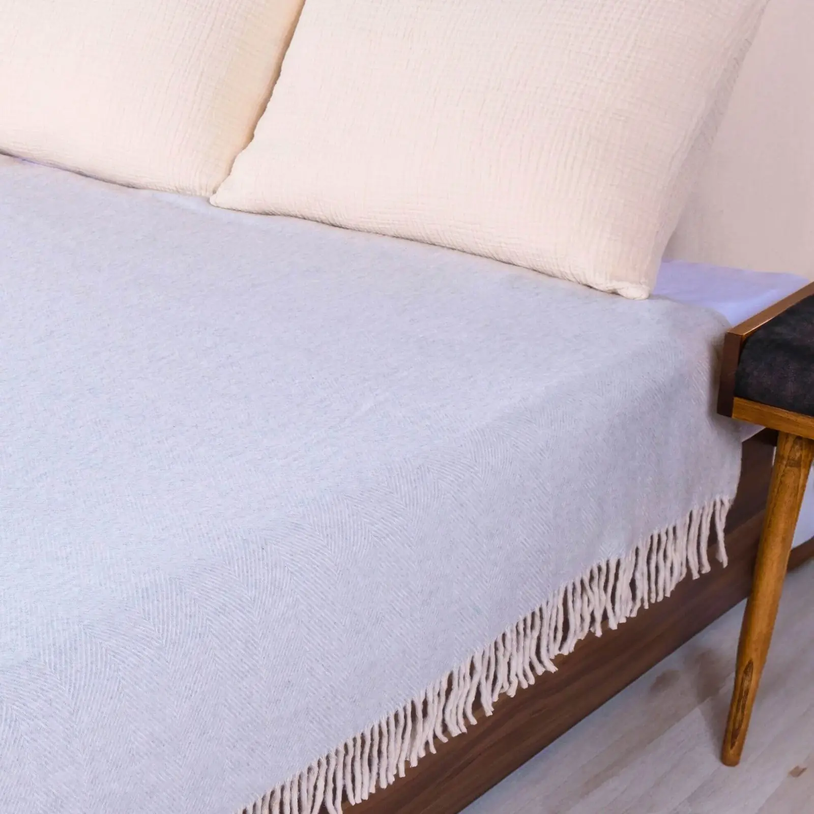 Herringbone Yün Tek Kişilik Balıksırtı Tv Battaniye, Koltuk Örtüsü, Gri, 150x210 cm
