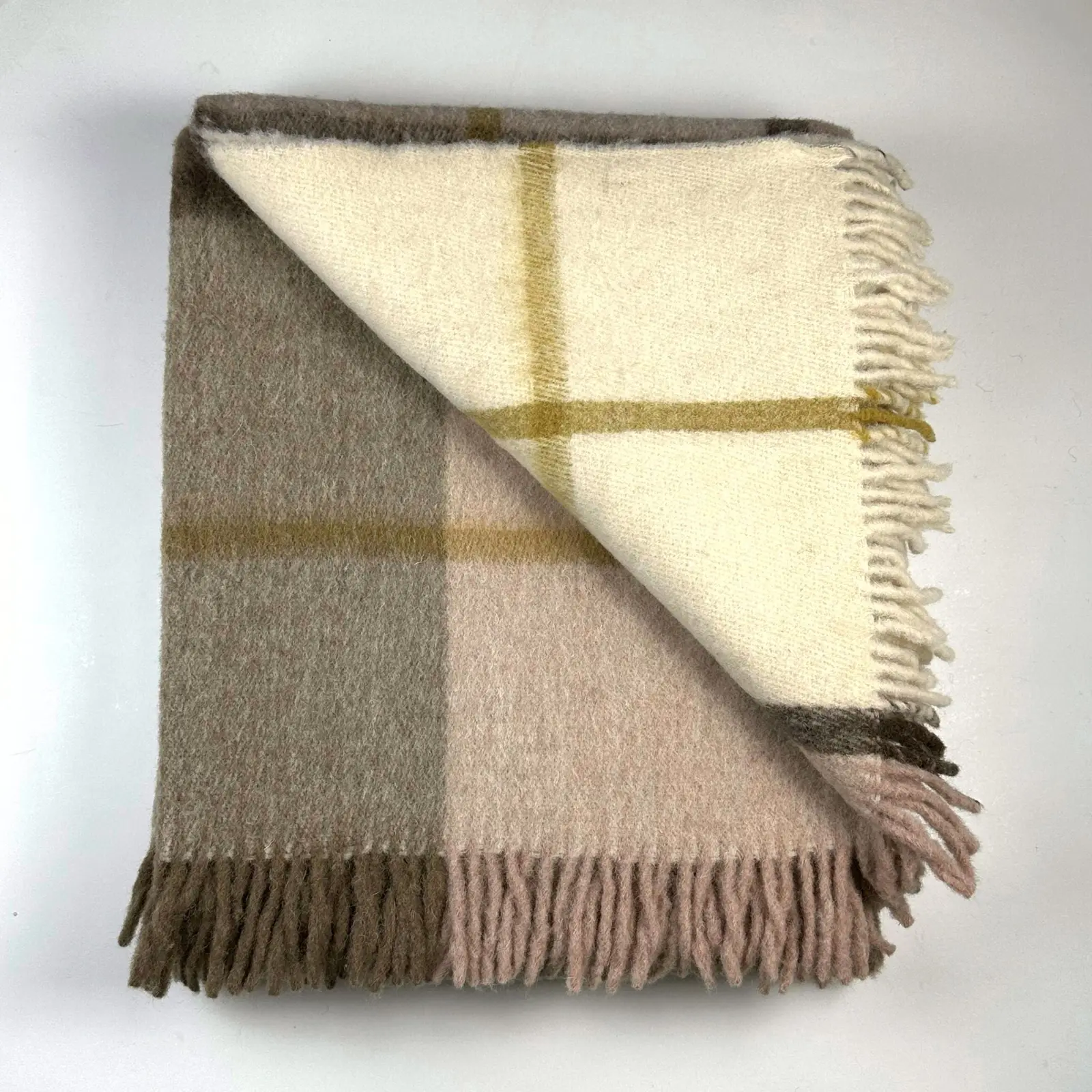 İskandinav Serisi Woolmark Çift Kişilik Saf Yün Ekose Battaniye/Yatak Örtüsü Vizon Lila Krem, 200x220 cm