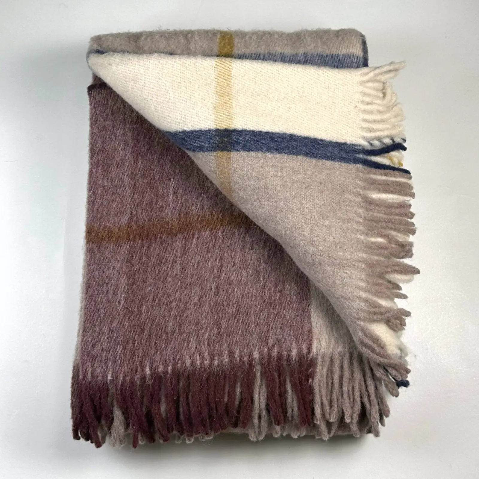 İskandinav Serisi Woolmark Çift Kişilik Saf Yün Ekose Battaniye/Yatak Örtüsü Bordo Lila Krem, 200x220 cm