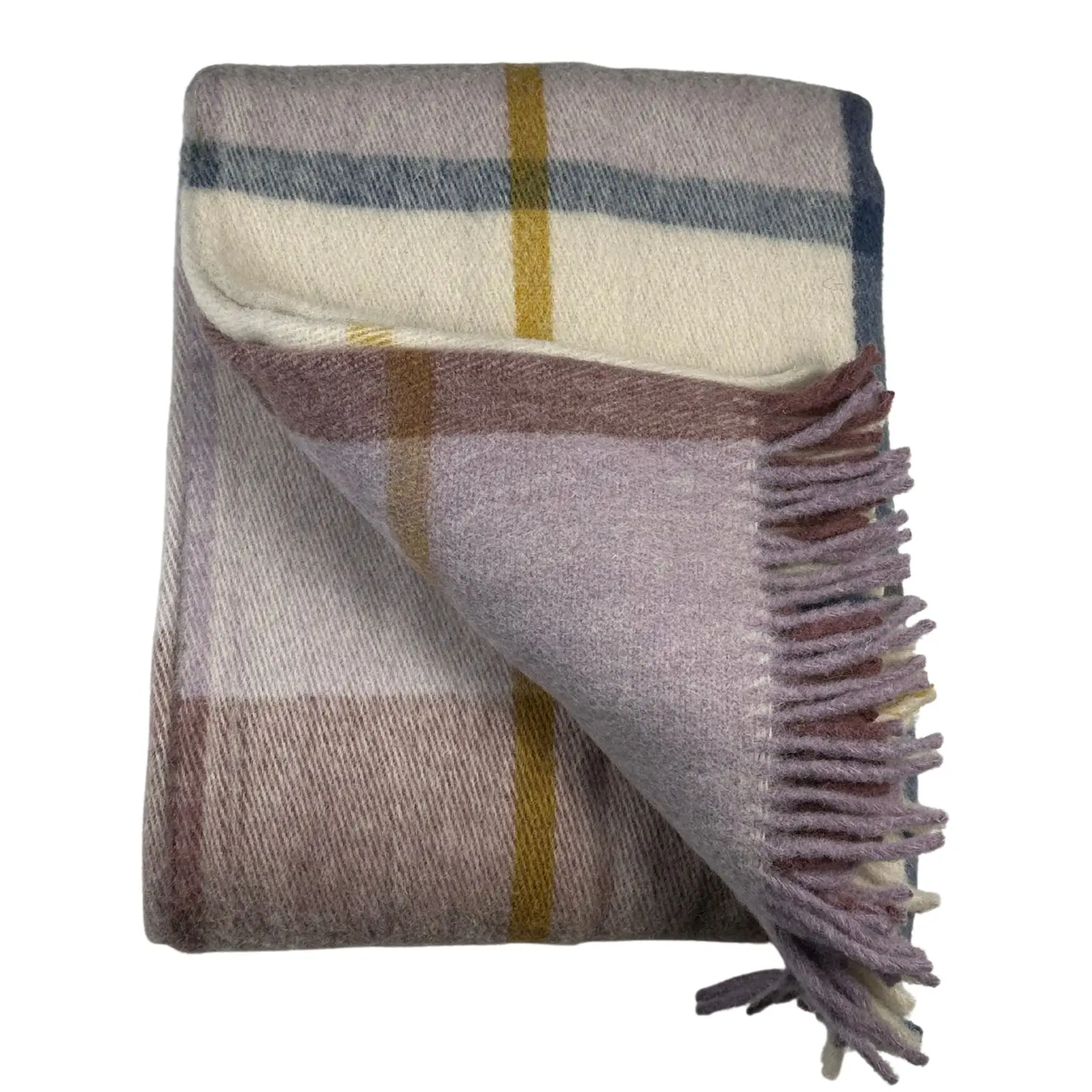 İskandinav Serisi Woolmark Çift Kişilik Saf Yün Ekose Battaniye/Yatak Örtüsü Lila Krem Lacivert, 200x220 cm