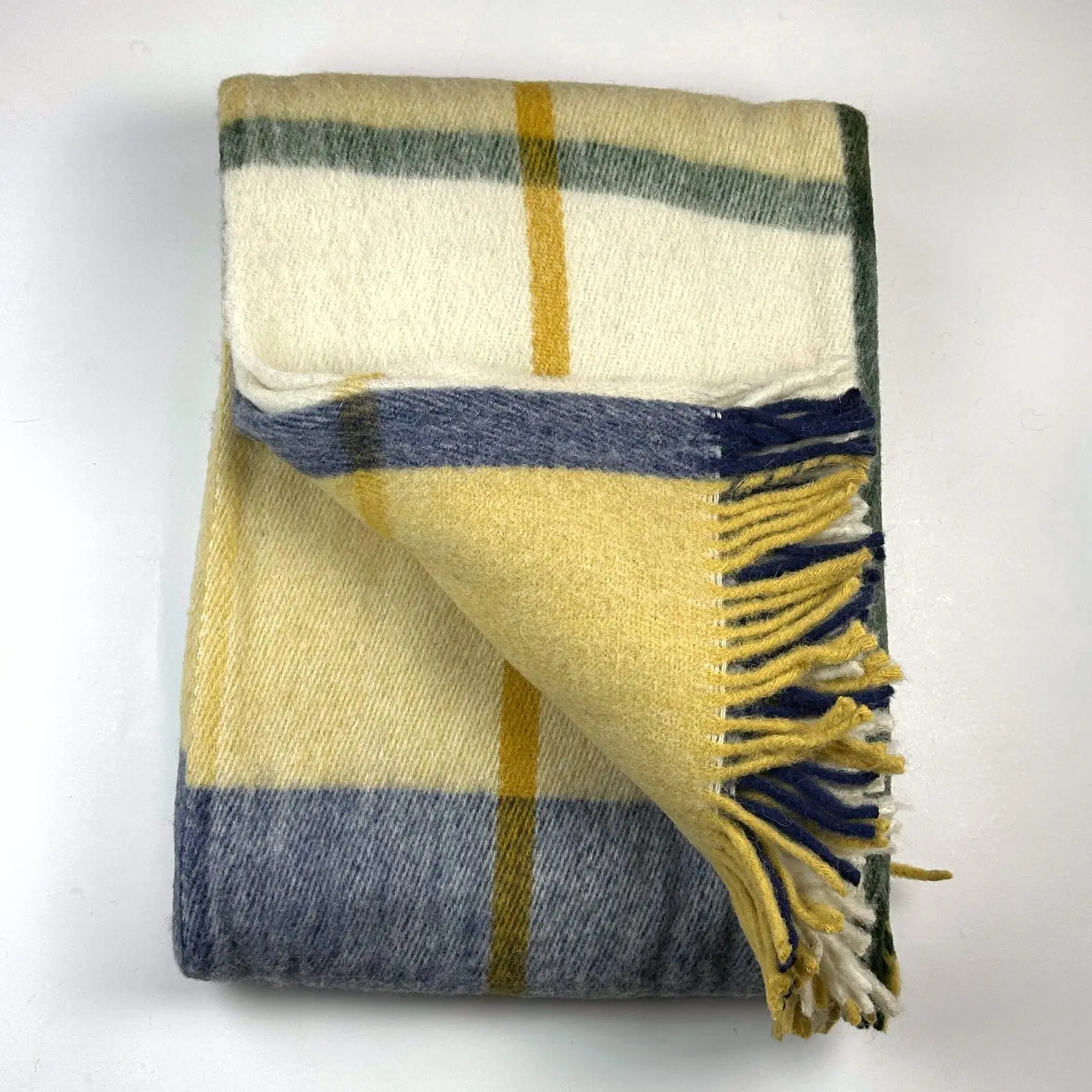 İskandinav Serisi Woolmark Çift Kişilik Saf Yün Ekose Battaniye/Yatak Örtüsü Lacivert Safran Yeşil, 200x220 cm
