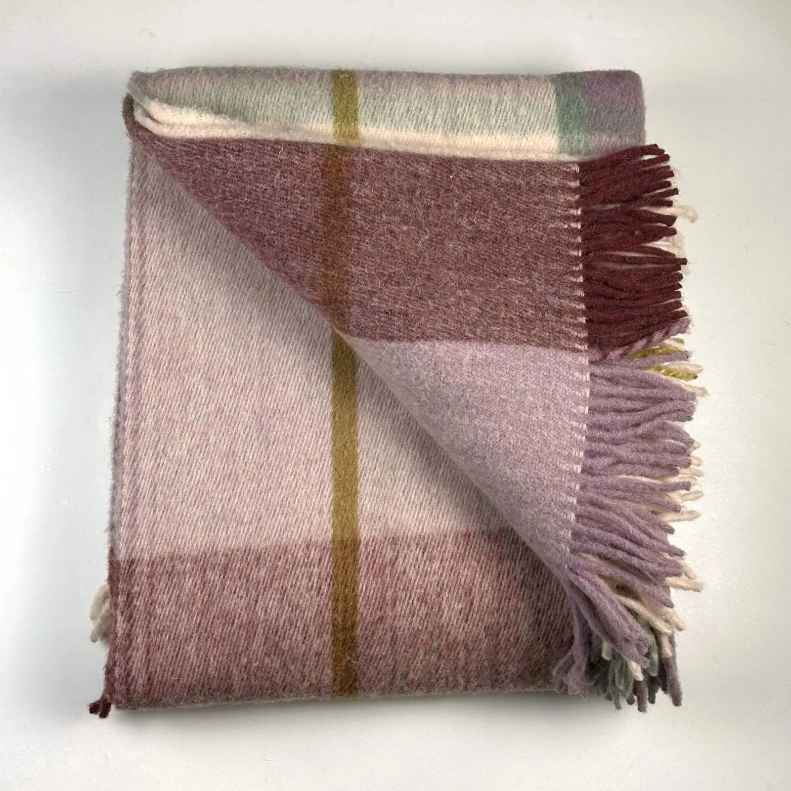 İskandinav Serisi Woolmark Çift Kişilik Saf Yün Ekose Battaniye/Yatak Örtüsü Bordo Lila Mint, 200x220 cm