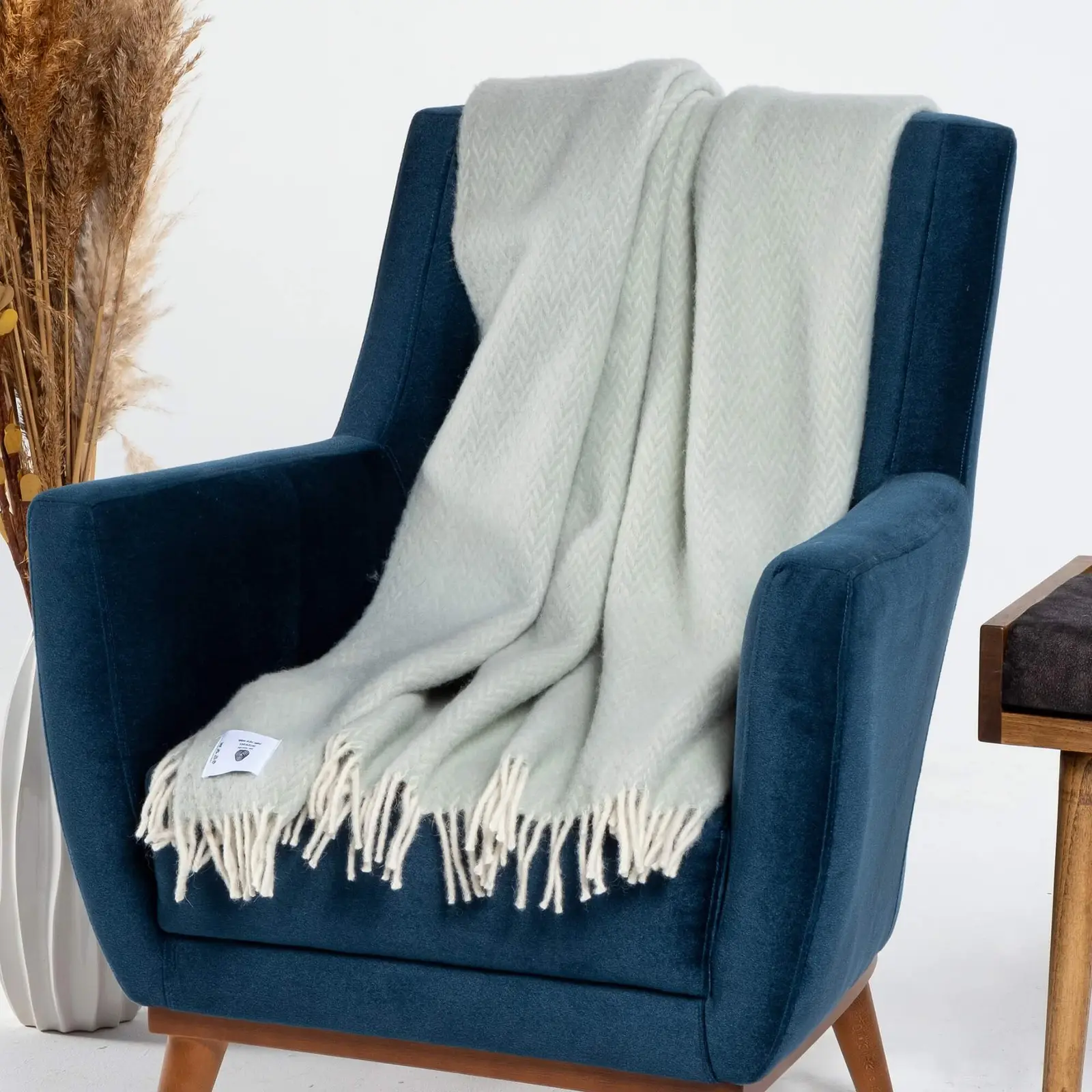 Woolmark Tek Kişilik Saf Yün Balıksırtı Battaniye, Mint